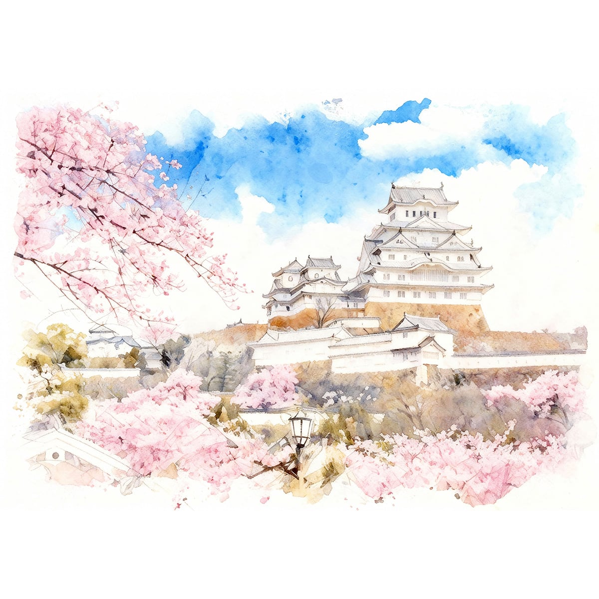 絵画 風景画 日本の城 姫路城 インテリアアート額付き 水彩画・油絵風