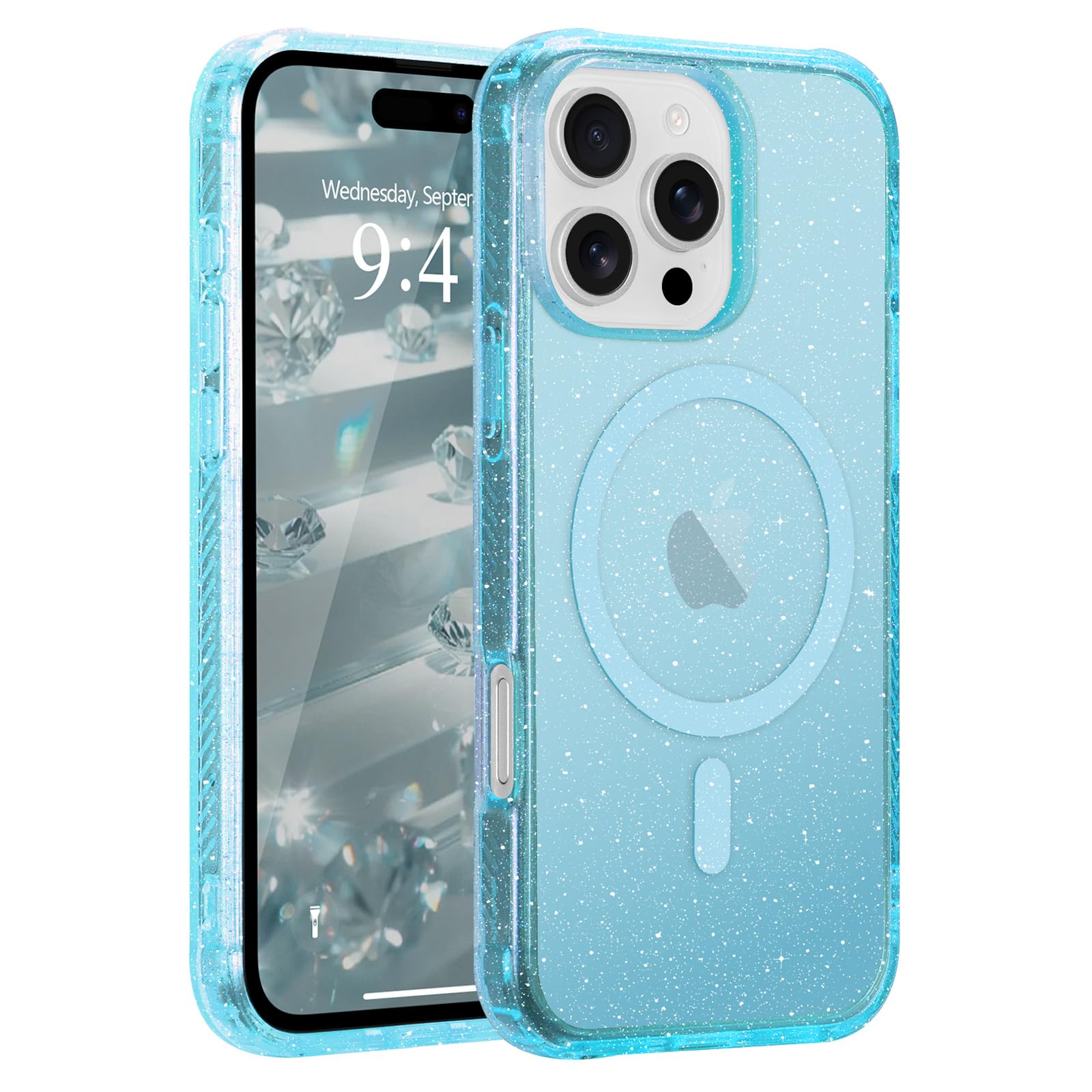 Wirvyuer iPhone 16 Pro 用 ケース MagSafe対応 四隅エアバッグ 衝撃吸収 半透明 保護 耐衝撃 キラキラ ラメ 可愛い おしゃれ スマホケース 落下防止 マグセーフ対応 いphone16pro 適用 保護カバー(ブルー)
