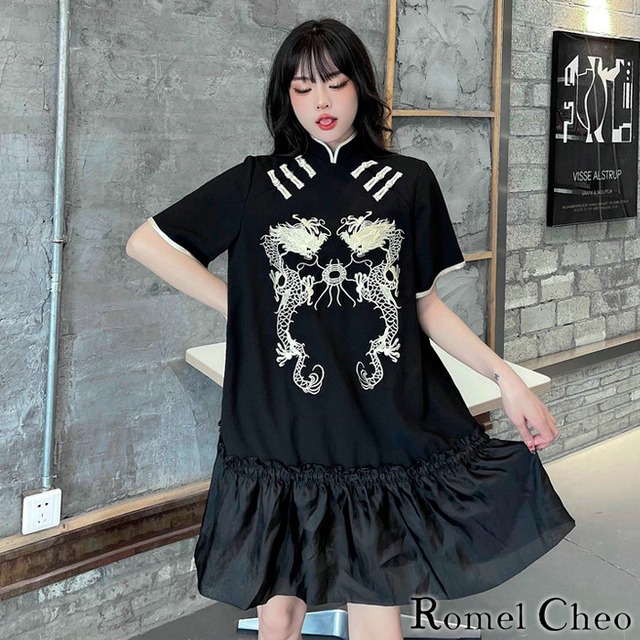 お支払い確認後日以内発送 Romelcheo 龍 刺繍 チャイナ ワンピース 黒 チャイナ風 レディース 半袖 Aライン チャイナボタン 和風 漢服 普段着 和柄 アジアン エスニック ストリート系 原宿系 病みかわ モード系 レトロ ファッション ロメルチェオ Romelcheo