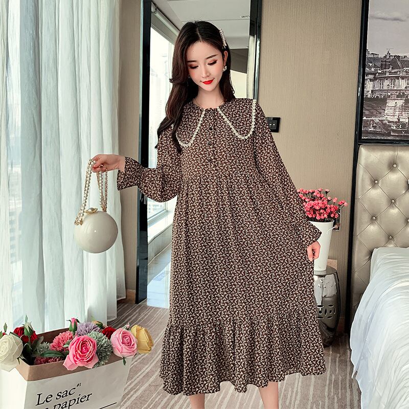 【新作】【送料無料】 マタニティウェア2020春秋新作ファッションフローラルシフォンドレス、ラペルミドル丈プラスサイズマタニティドレス-アリババ 大きめサイズ スプリング 春物 オータム 秋物 花柄 expec284246736243