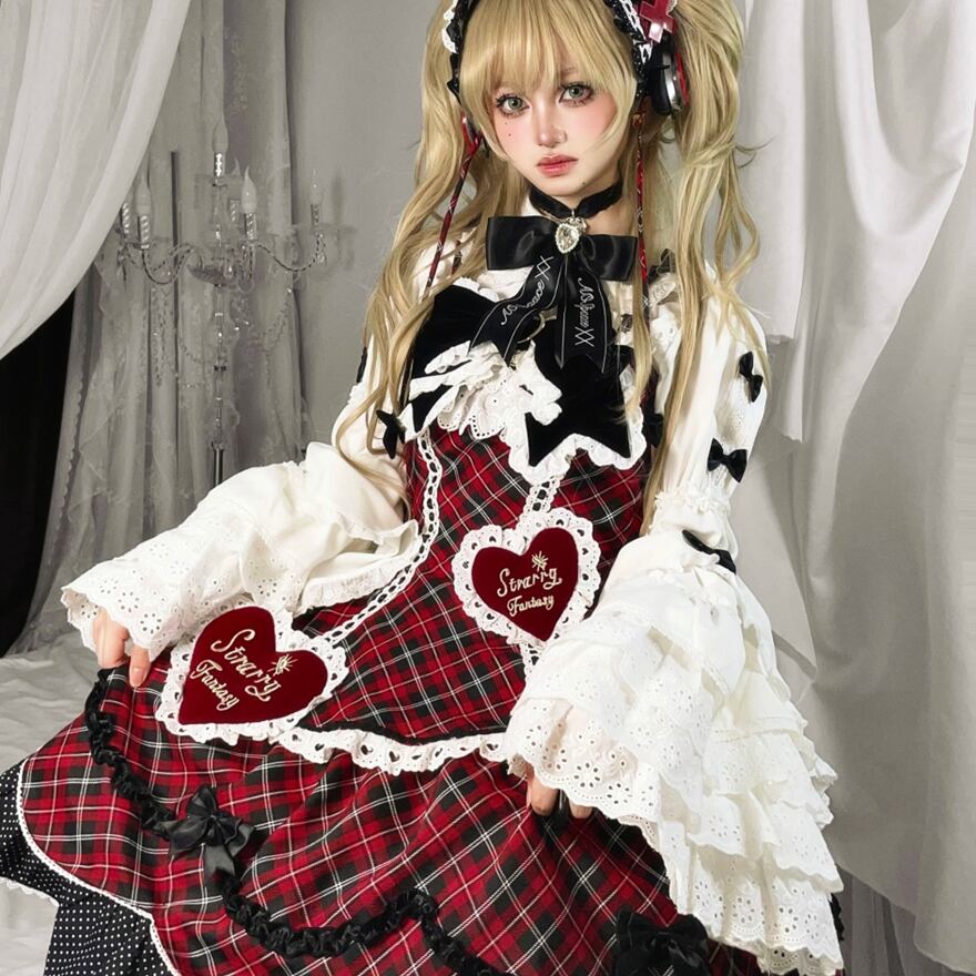 10月出荷 キラキラ アイドル衣装 セットアップ フルセット カチューシャ ジャンパースカート 姫袖シャツ リボン チェック柄 デビュー衣装 地下アイドル ライブ衣装