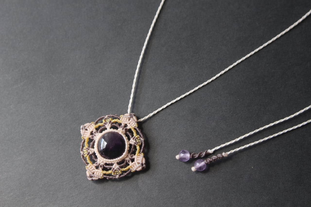 Trapiche amethyst micro macrame mandala pendant