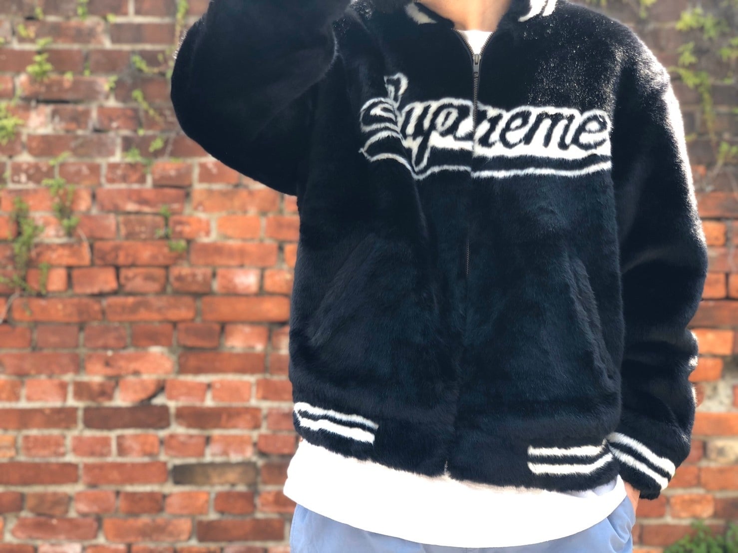 supreme faux fur jacket L navy古着