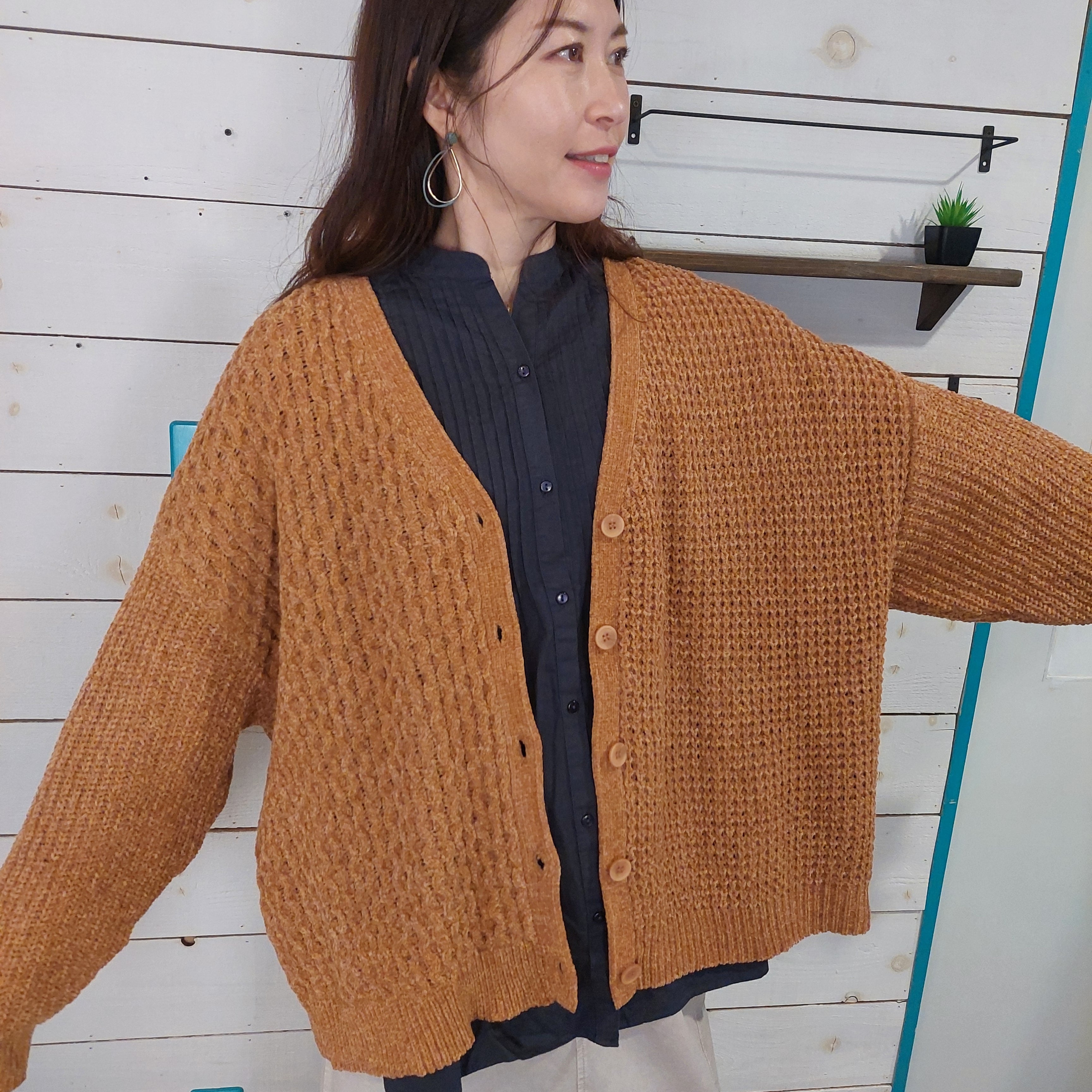 モールニット柄編み切替ブークレカーディガン 1398 フリーサイズ