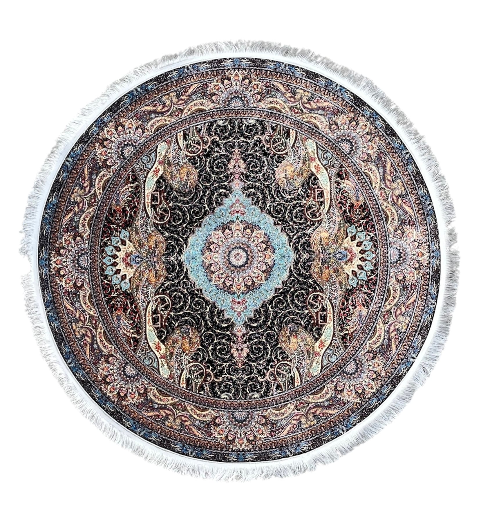 円形高級絨毯【 円形1.5m】バンブーシルク ラグ 花柄 動物柄 フリンジ付き