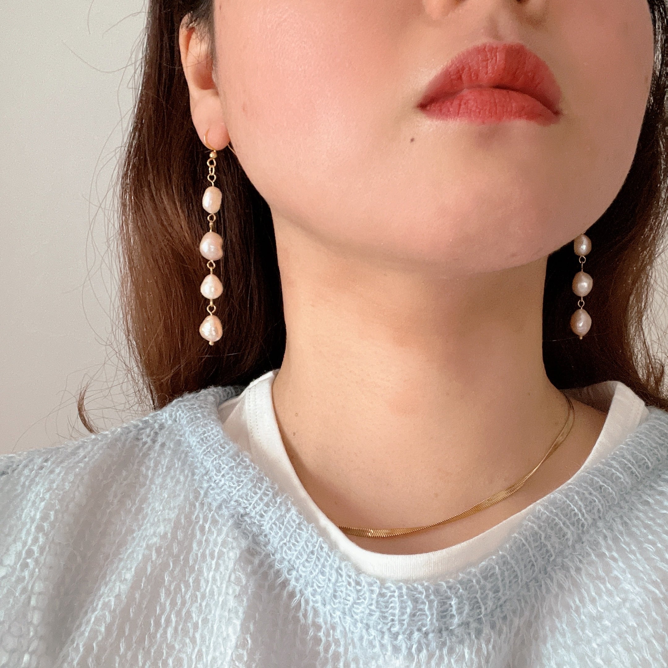 ピンクオレンジ淡水パールのロングピアス | BURE