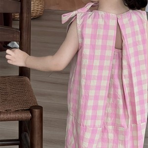 夏チェック柄リボンデザインワンピース