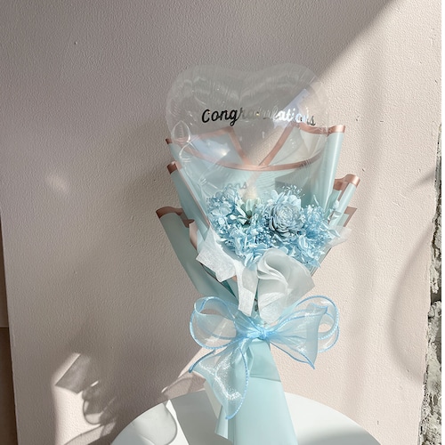 BALLOON FLOWER BOUQUET MINI - white blue heart - 各種お祝いや卒業や入学のお祝いに