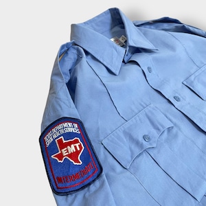 elbeco ワークシャツ エポーレット セキュリティ 消防隊 救急隊 レスキュー隊 ワッペン サックスブルー 2XL相当 US古着