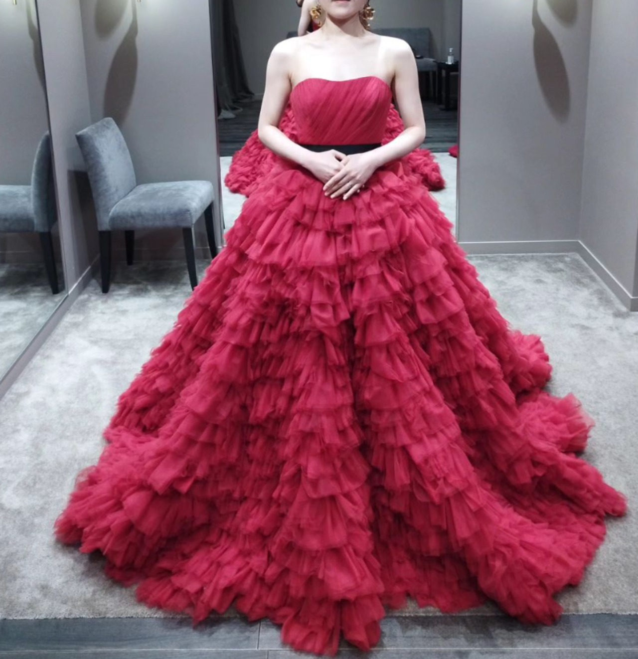 高品質！ カラードレス ワインレッド キラキラチュール 揺らめき 結婚式 