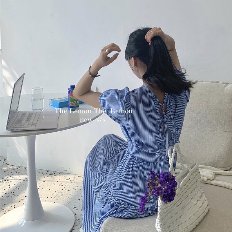 バックカジュアルストライプスカート ルーズドレス サマーロング 夏物 ビッグFスモールZ韓国29908379732