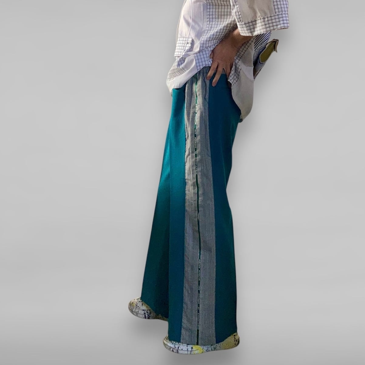 ZOZOTTE リメイクワイドパンツ/トラックパンツ風/サイドロゴ入り/グリーン×グレンチェック柄