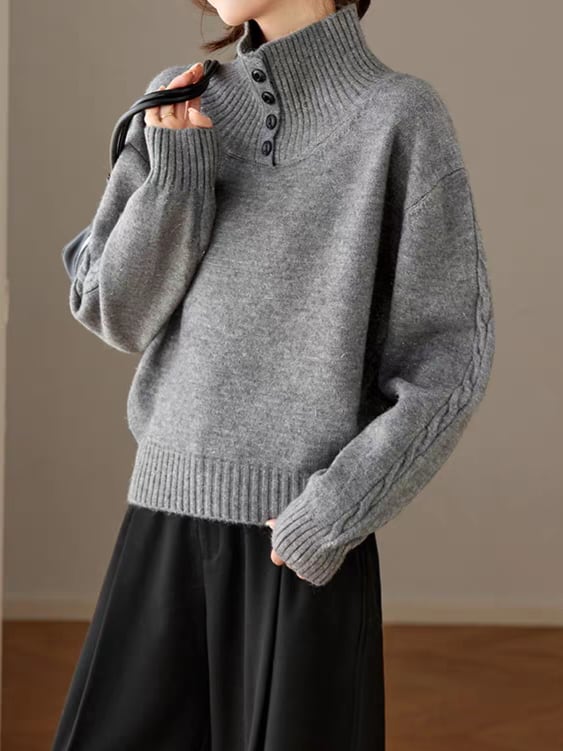 High-neck buttoned knit top L0813