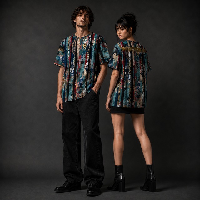 和紋様装飾ストライプ　ブルー　和柄ユニセックス 180G Performance Tシャツ