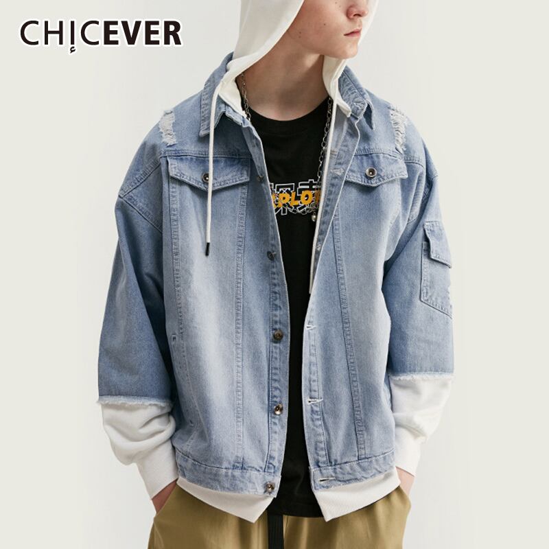 CHICEVERパッチワークデニムフード付きジャケットラペルカラー長袖擦り切れヴィンテージジャケット2020Aytumn Tide ロング ビンテージ 6base597040735730
