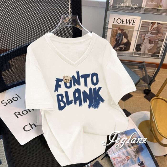 9色 Vネック ロゴ ベア プリント Tシャツ ユニセックス ♪(MC626)β