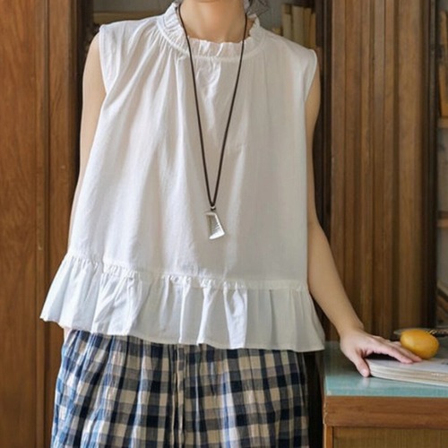 フリルネックノースリーブトップス ・7964