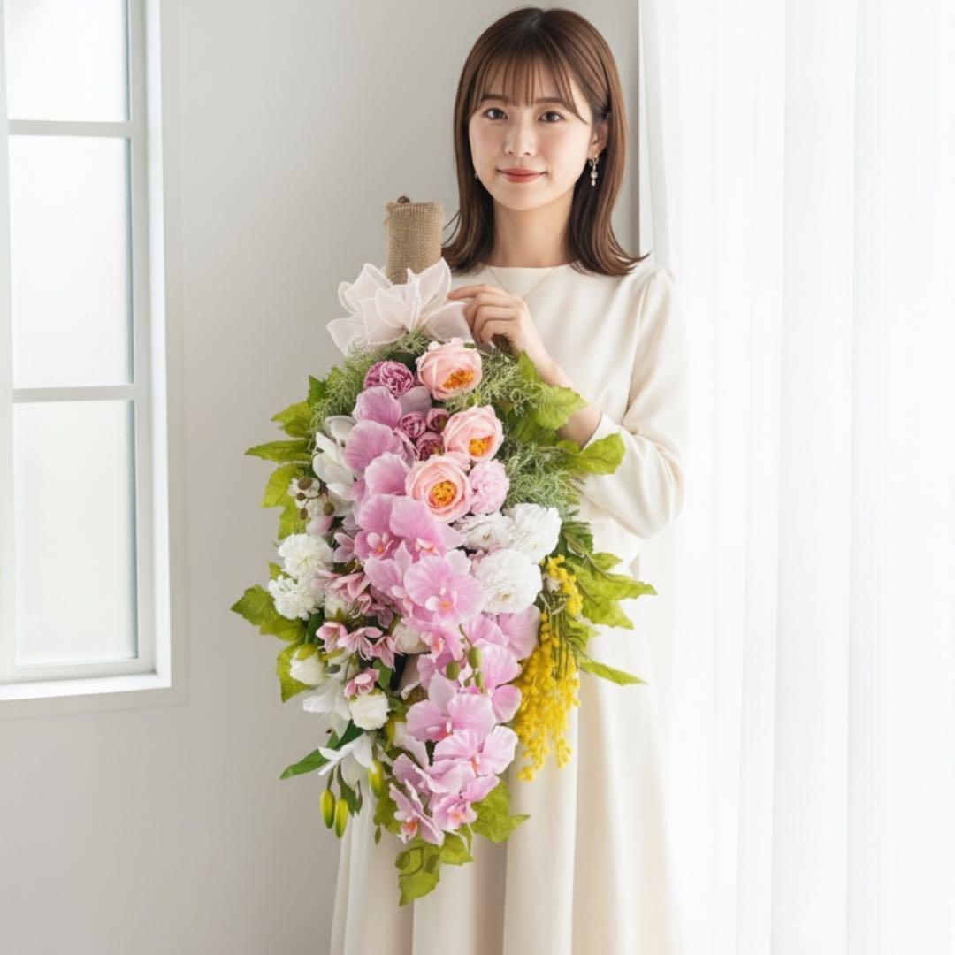 胡蝶蘭とミモザのスワッグ｜光触媒フラワー 特大83cm 春色フラワー