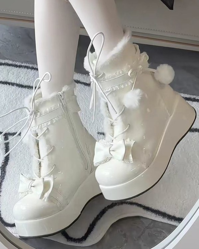 エナメルファーリボンショートブーツ　25W08317