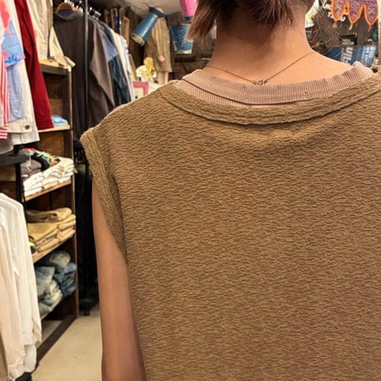 TISSU　ティシュ　パイル タンクトップ　カフェオレ　ブラウン　ベージュ　カットソー　コットン　ノースリーブ　オーバーサイズ　メンズ　レディース