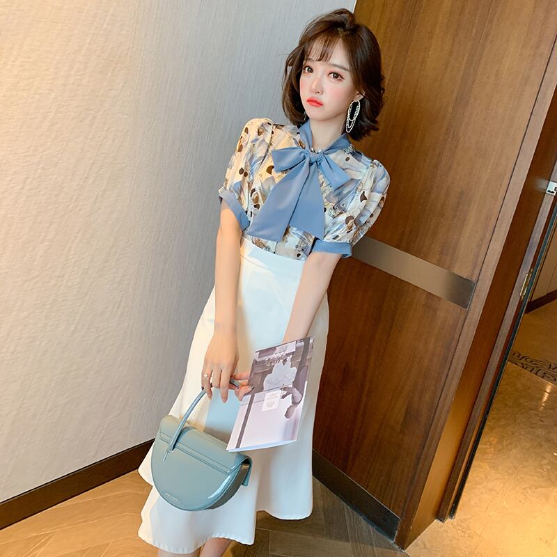 レースリボンカラープリントシャツ レディースサマー 大人ガーリー スウィート キュート カジュアル 夏物 MIUCO94403675328