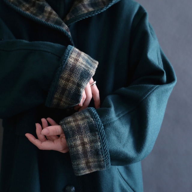 nice green and check high-neck hooded wool jacket coat