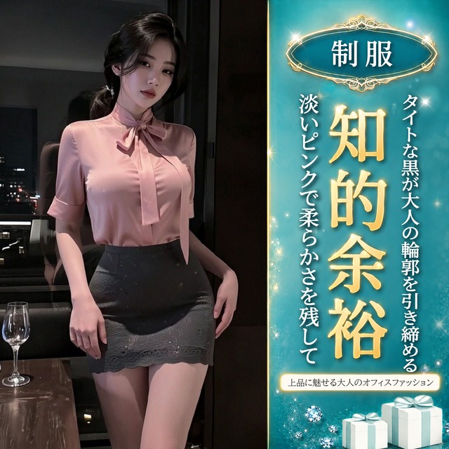 〔制服〕ピンク×グレーで魅せる｜リボンブラウス×レースタイトスカート 秘書風コスチュームセット