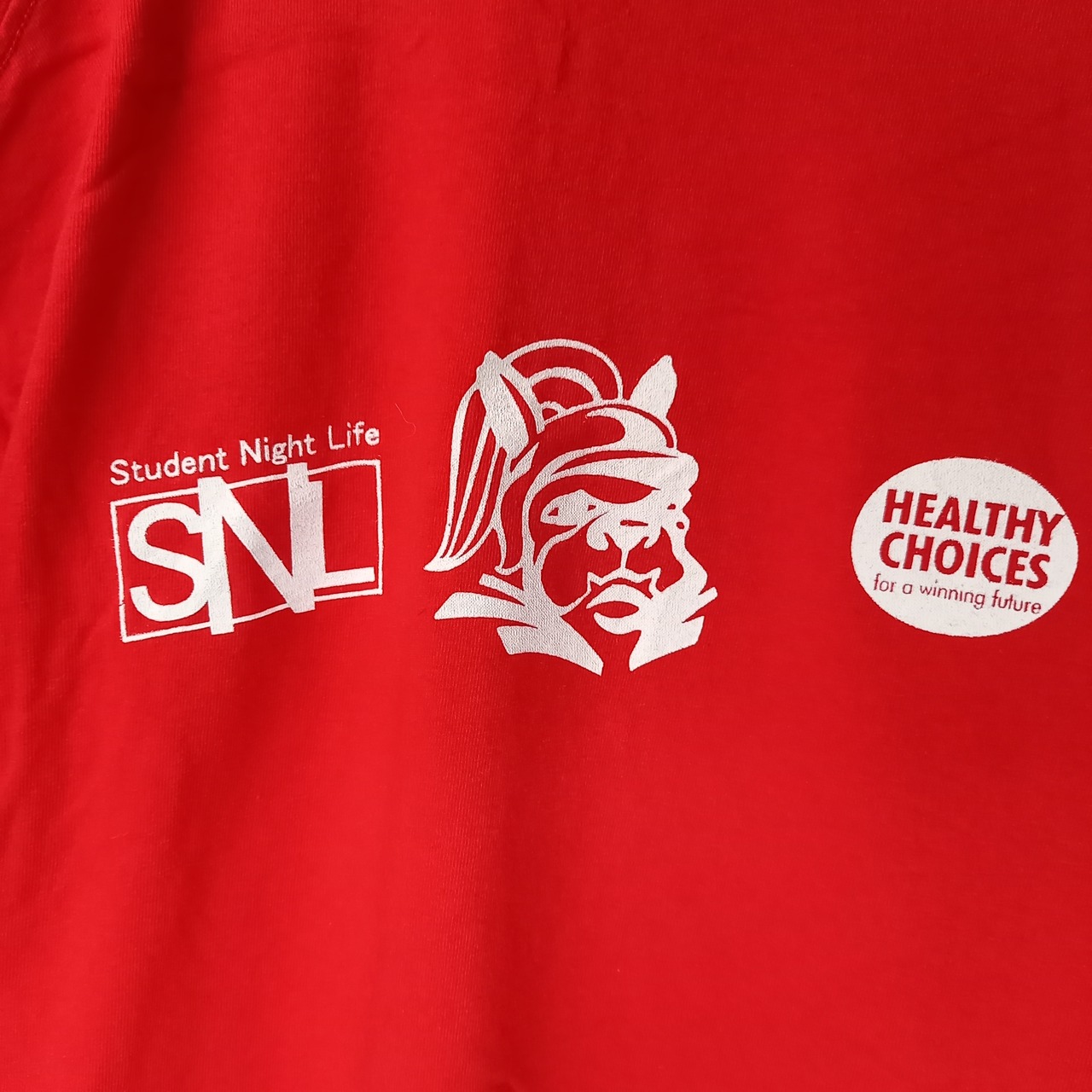 ノーブランド　クルーネック　プリントTシャツ　半袖　企業ロゴ　レッド