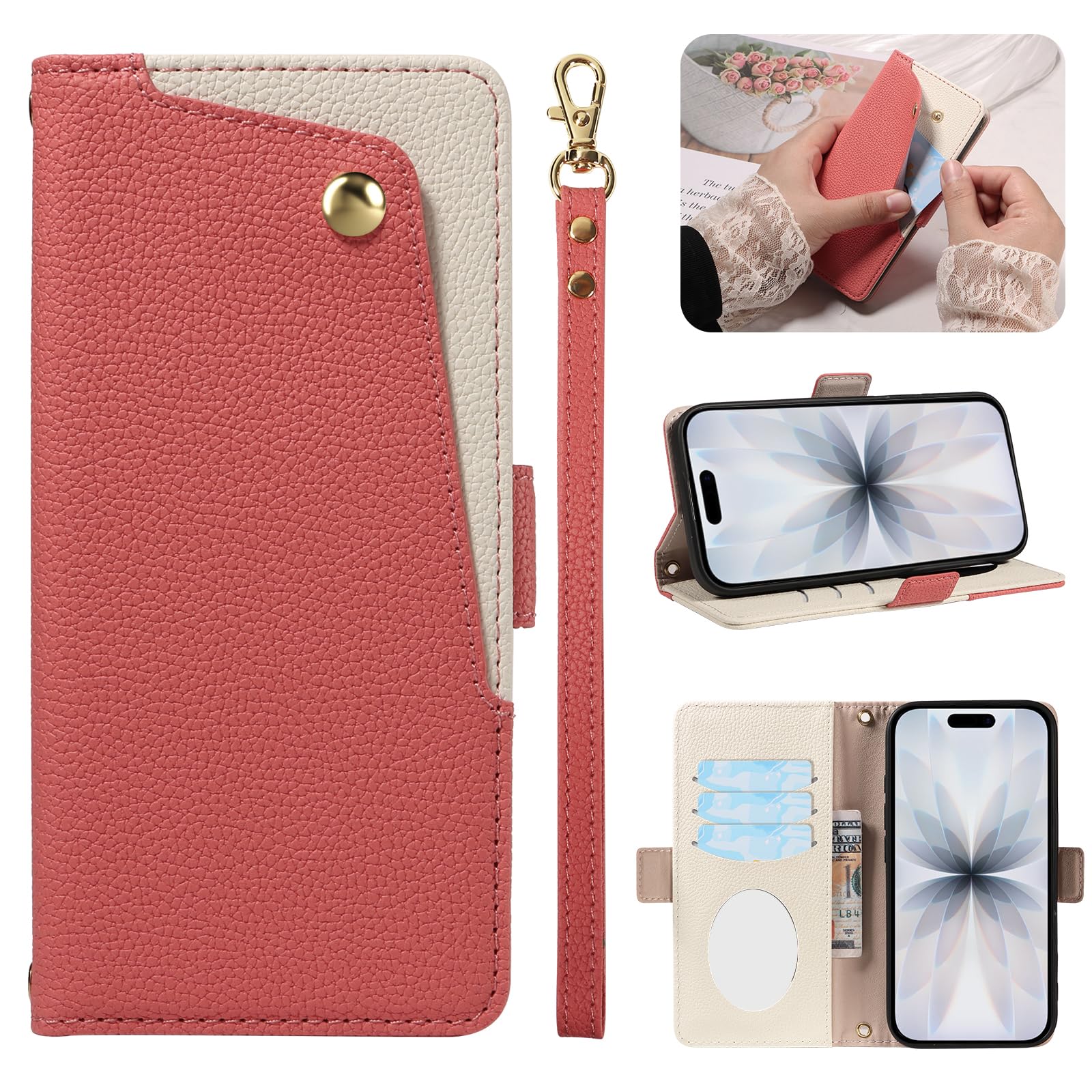 For iPhone 17 ケース 手帳型 MaKaWa アイフォン17 財布型 カードポケット付き あいほん17 携帯 カバー スマホケース 高級レザー 耐衝撃 全面保護 スタンド機能 鏡 かがみ ミラー付き ストラップホール付き マグネット式女性用 可愛い