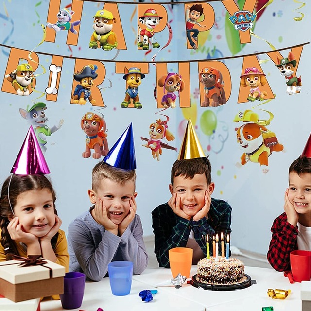 Fantasyon パウパトロール　風船セット　誕生日　飾り付けセット パーティー　可愛い happy birthdayガーランド　ケーキトッパー　螺旋風船リボン付き