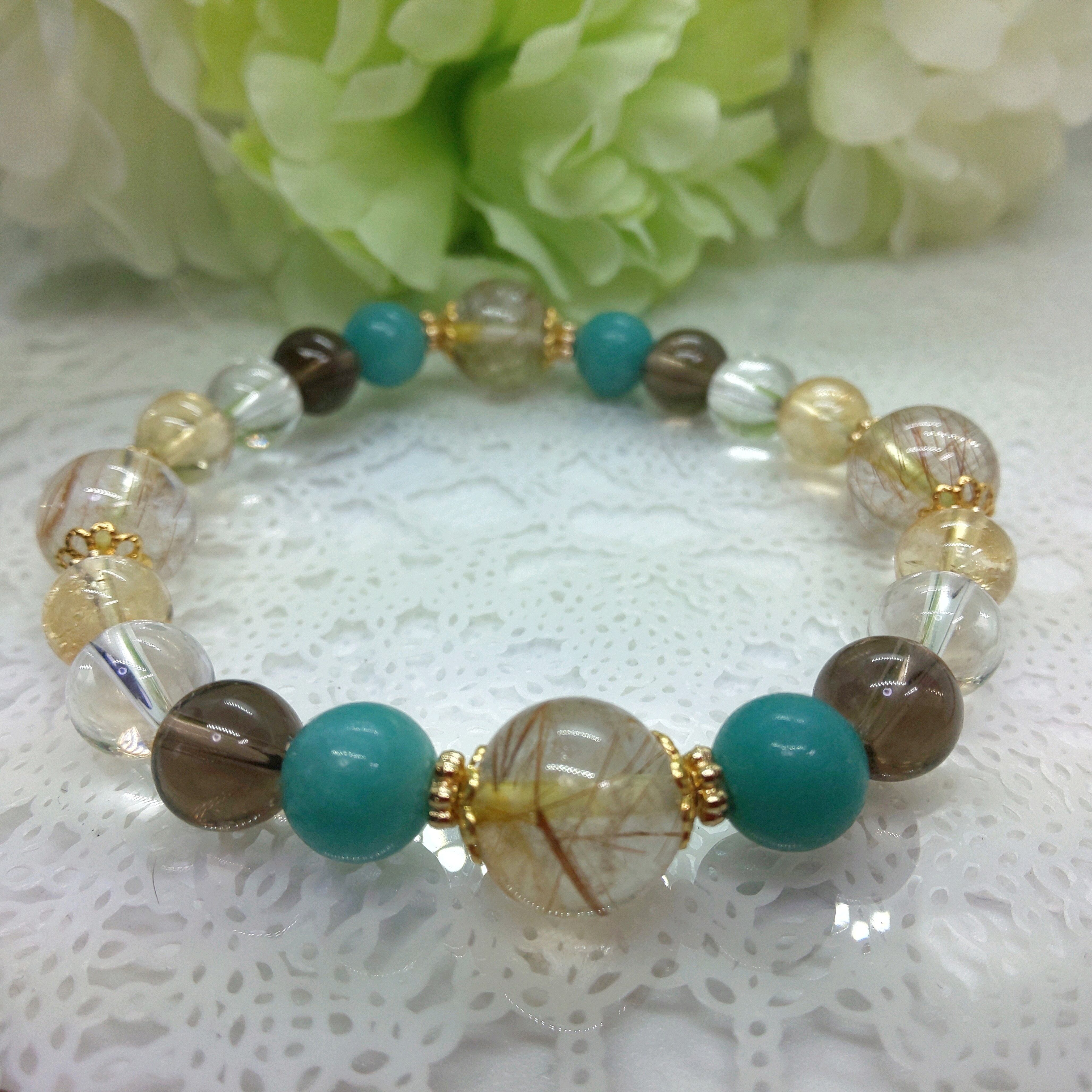 【 ルチルクォーツ】【スモーキークォーツ】【シトリン】【アマゾナイト】【水晶】天然石,パワーストーンブレスレッド,Happiness