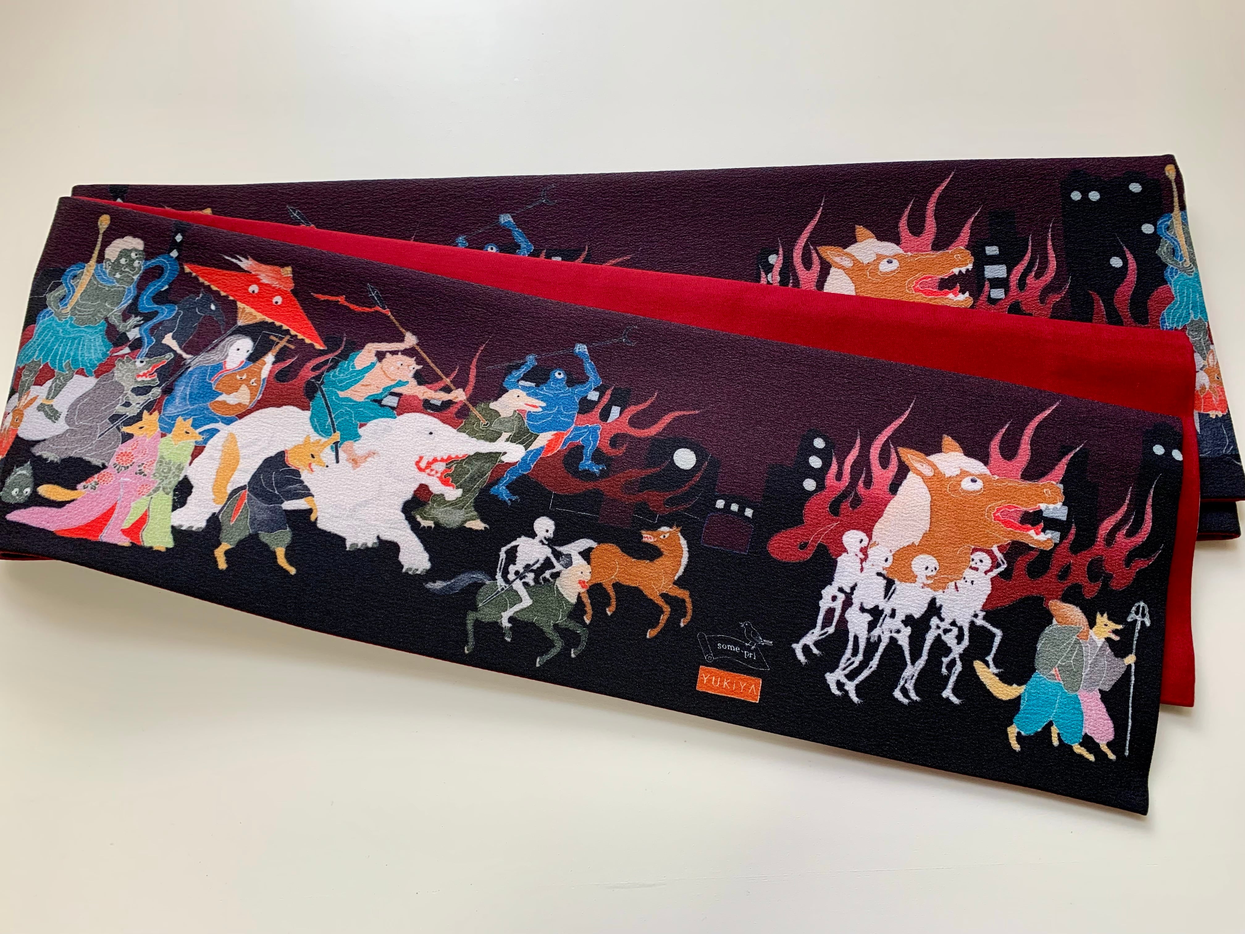 百鬼夜行 せやねん 美品 即納品】some-pri 半幅帯「東京百鬼夜行」エンジ | 染工房ユキヤ