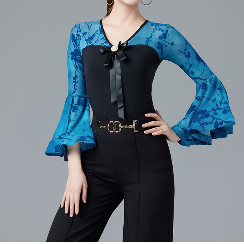 フラワーシフォン ベルスリーブ リボン トップス(レオタードタイプ) ds1021