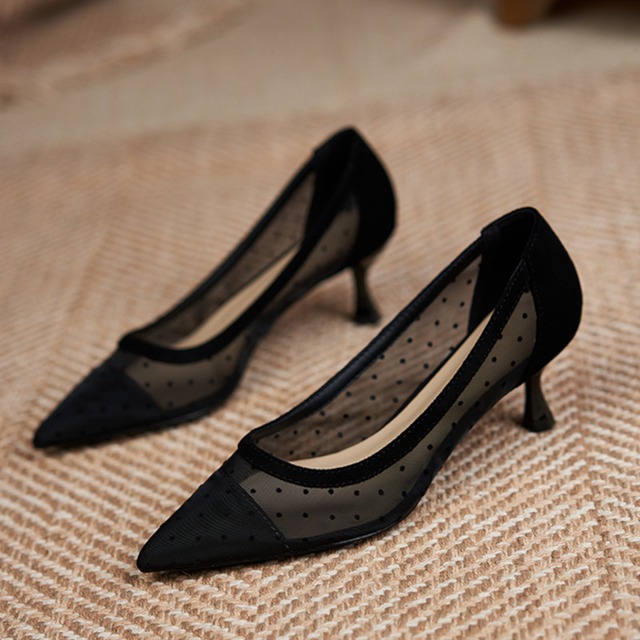 Pointed toe dot mesh pumps A972