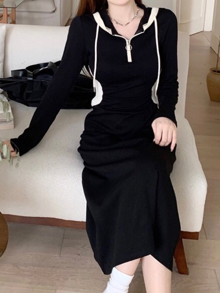 女っぽカジュアルスポーティ フード付きハーフジップワンピース 長袖 バイカラー フード 可愛い 細見え カジュアル スポーティ 大きいサイズ 韓国 CH9320