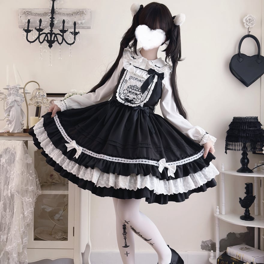 サブカル 服 地雷系 通販 ワンピース ジャンスカ ジャンパースカート リボン くまちゃん ケーキ ふわふわ レイヤードスカート かわいい 秋冬服 量産型 ガーリー