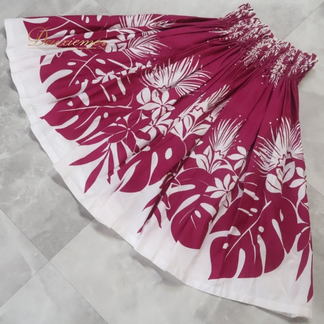 フラダンス 衣装 パウスカート パウスカートショップ パープル系 PauSkirtShop 日本製 シングル ツーカラー ティアレ柄 モンステラ柄 かわいい 華やか 鮮やか 明るい 紫 白 ハワイアン アロハ ハワイアンプリント フラ ダンス レッスン 練習