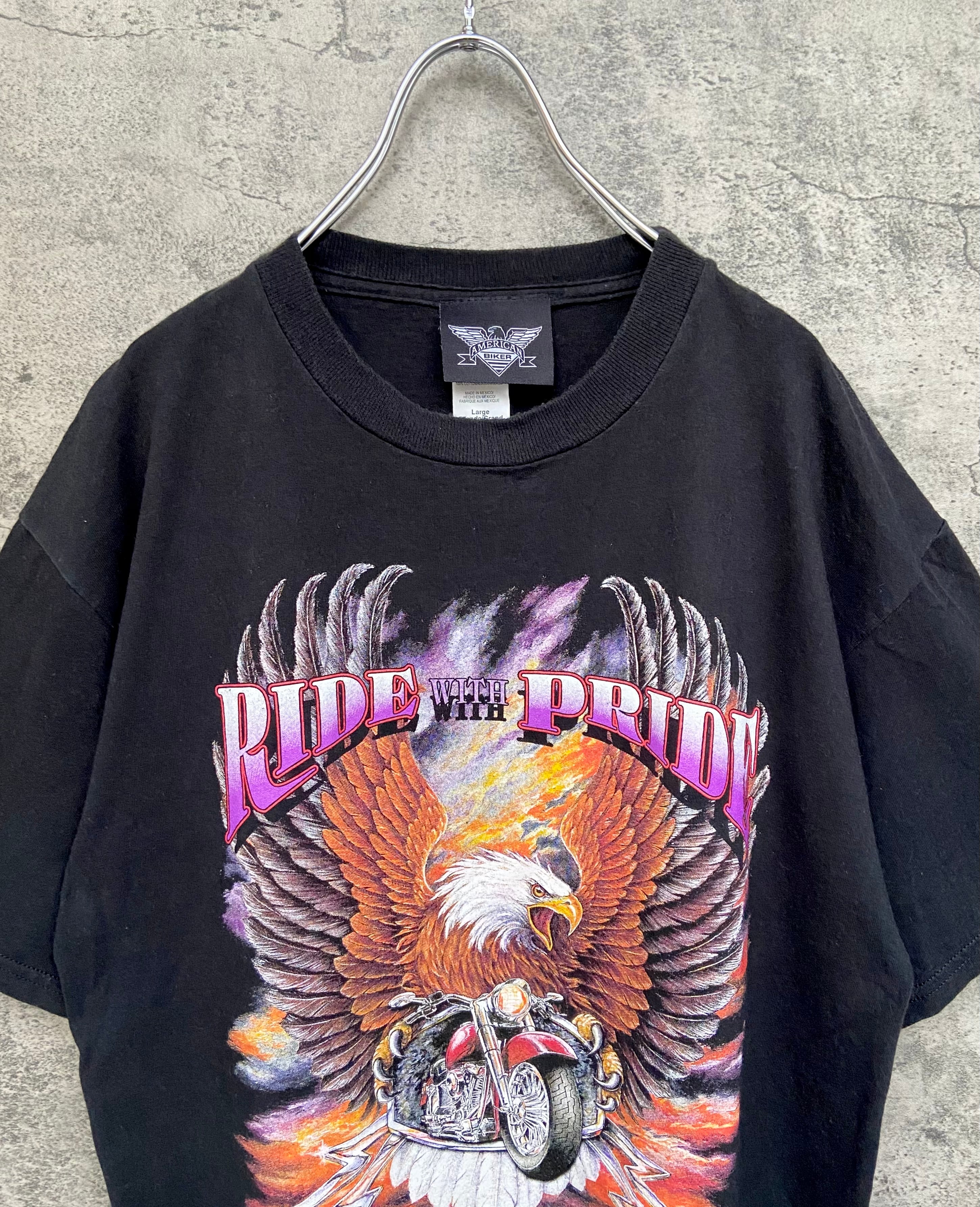 90s古着 American  Biker/アメリカンバイカー ハーレー 両面ロゴ アニマル 黒Tシャツ