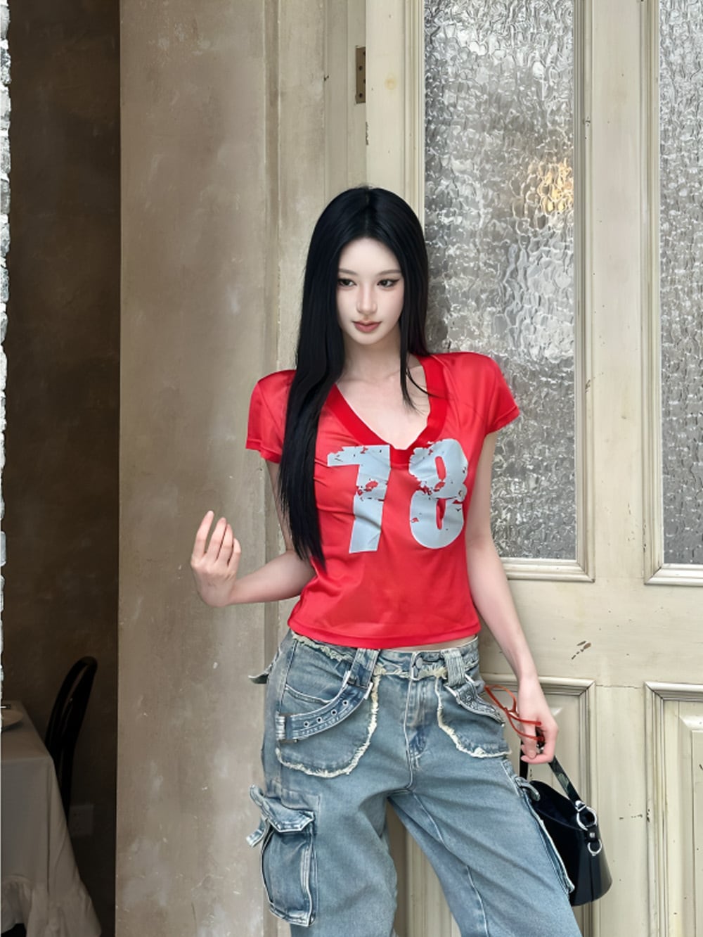 Y2K｜78ブラッシングナンバーVネックトップス | 韓国/ワンホン