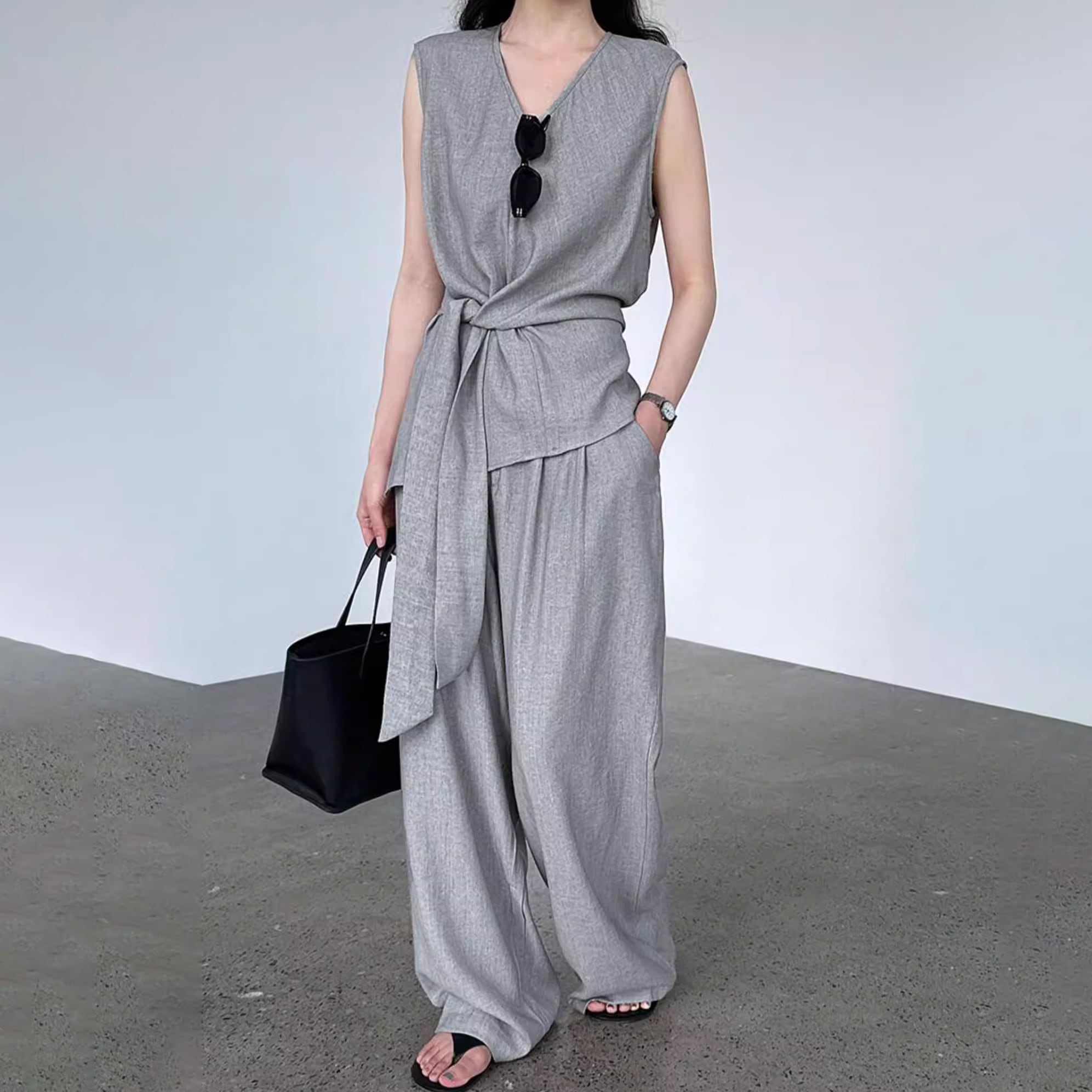 sleeveless waist tie top & tuck wide pants set 14372