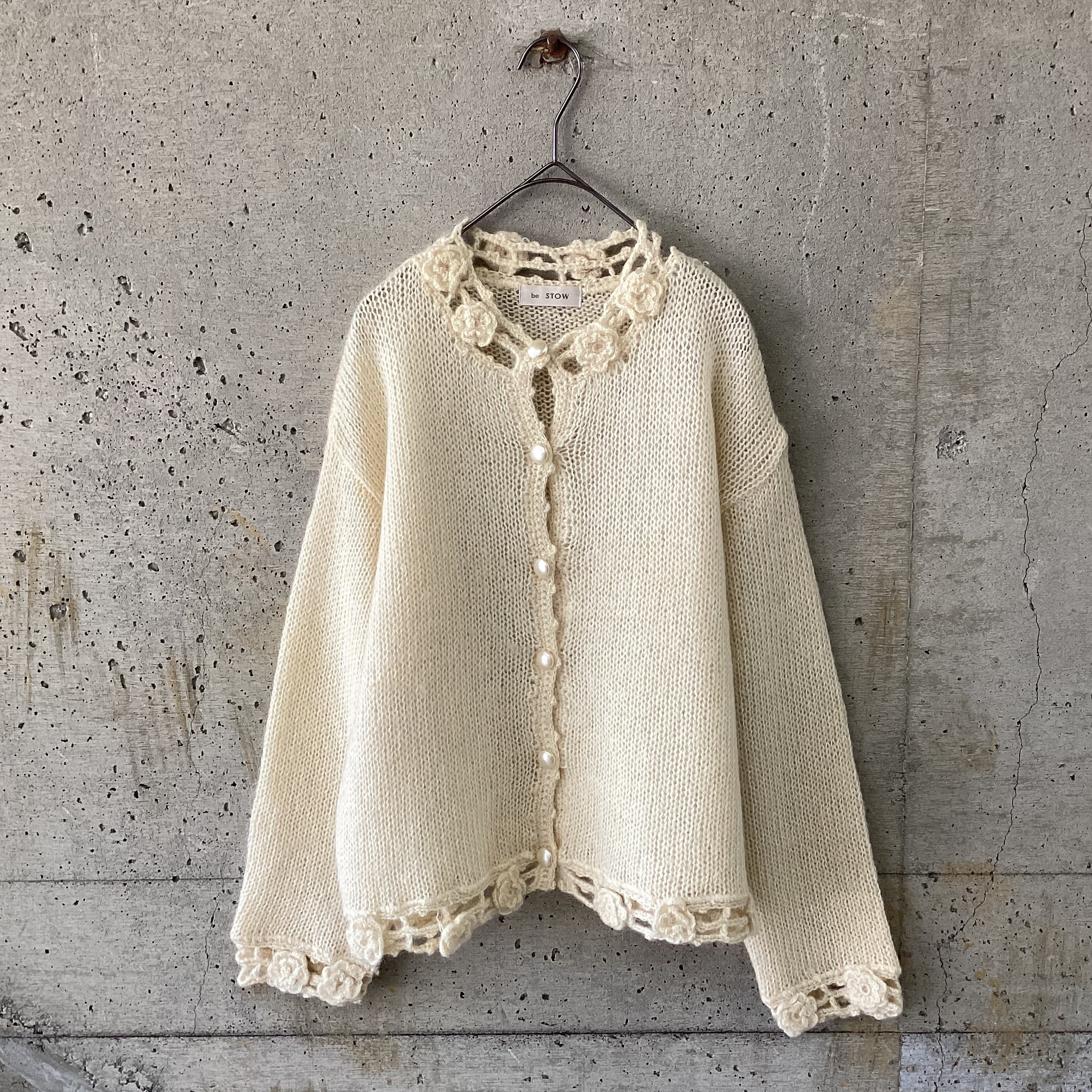 White mohair cardigan with floral motif