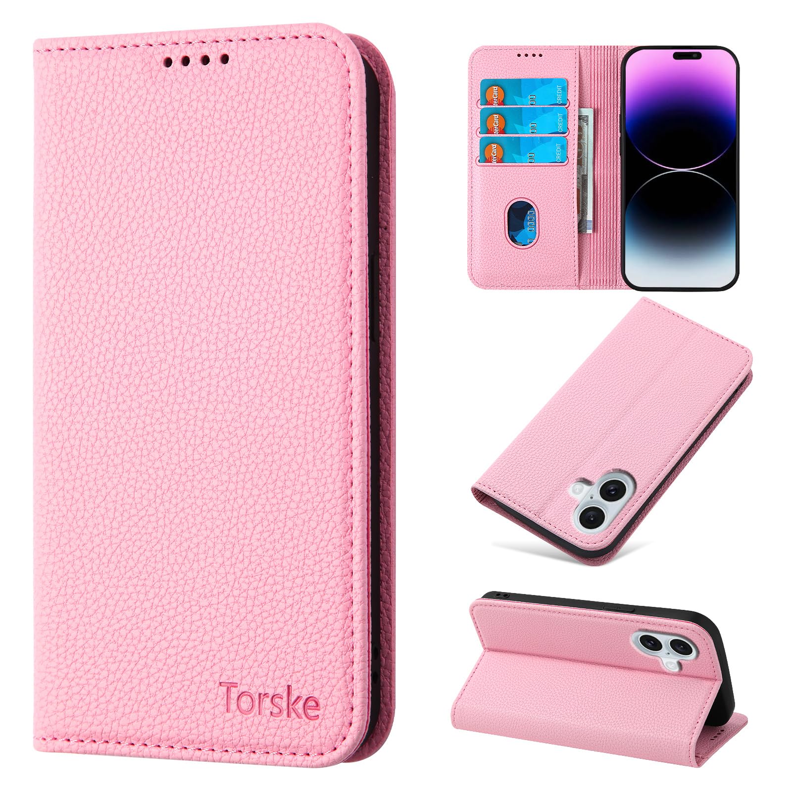 Torske 携帯カバー 適用の iPhone17 ケース 手帳型 用の いphone17ケース 内蔵マグネット式 向けの iPhone 17 手帳型ケース 向けの アイホン17 スマホケース 手帳型 カード入れ 防塵 上質 やさしく手触りが快適 おしゃれ と互換性のある あいふぉん17 ケース 6.3インチ対応 - ピンク