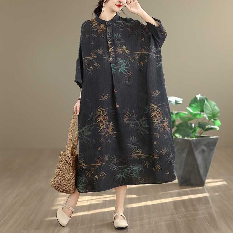 PRINT STAND COLLAR 3/4 SLEEVES MIDI SHIRT DRESS 1color M-16056