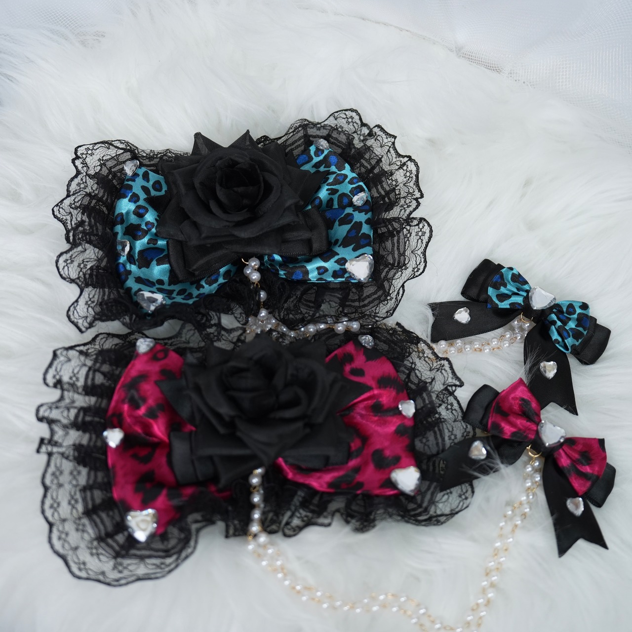 ♡【全2色】姫GAL 黒薔薇&豹柄 ダブルフリルリボンヘアクリップ black×vivid pink ♡