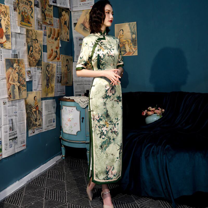 ロング丈チャイナドレス チャイナ風ワンピース ロングドレス 五分袖