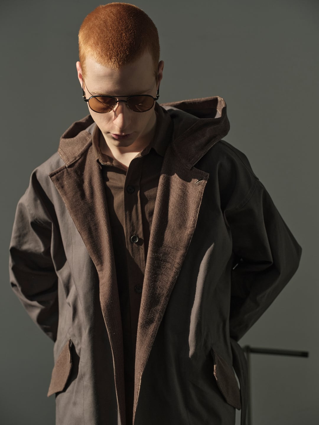 POSTELEGANT “ Cotton OX Hooded Short Coat ( Grey x Brown )”
