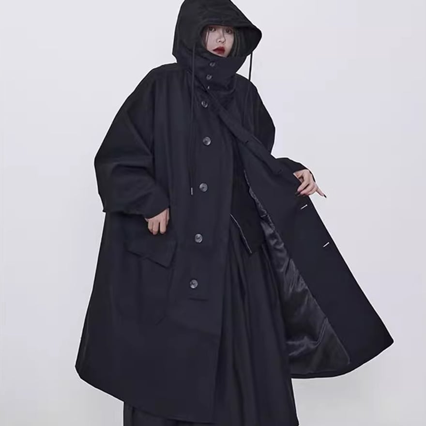 冬コート ビッグシルエット オーバーサイズ フード付きコート ロング丈 普段着使い 大人ゴシック