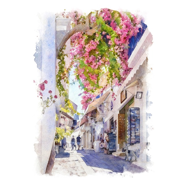 絵画 風景画(街並み)  ギリシャ サントリーニ島 インテリアアート額付き 水彩画・油絵風 WAT1062