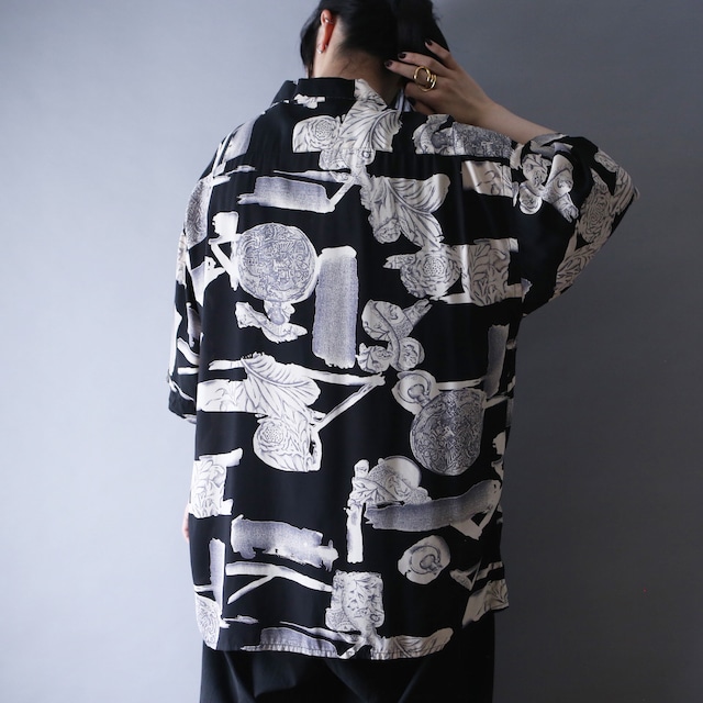 flower art motif full pattern loose silhouette h/s open-collar shirt