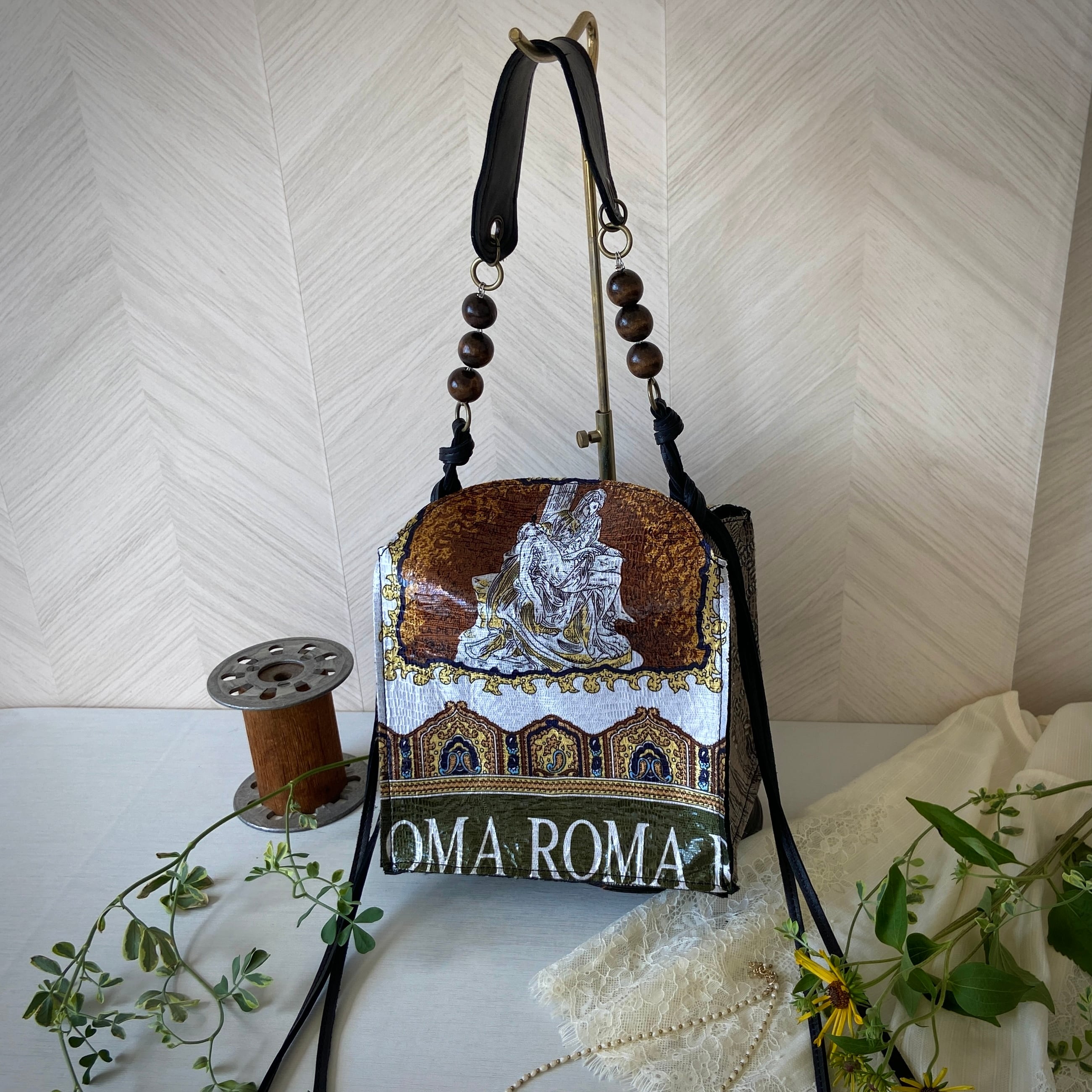 【1点もの】アンティーク調スカーフ&革リバーシブル スクエア2waybag